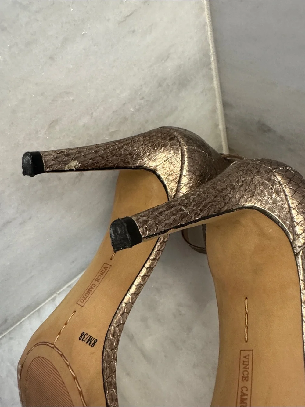 Vince Camuto Metallic Bronze Gold Strappy Open-Toe Heels 8 - Picture 5 of 11